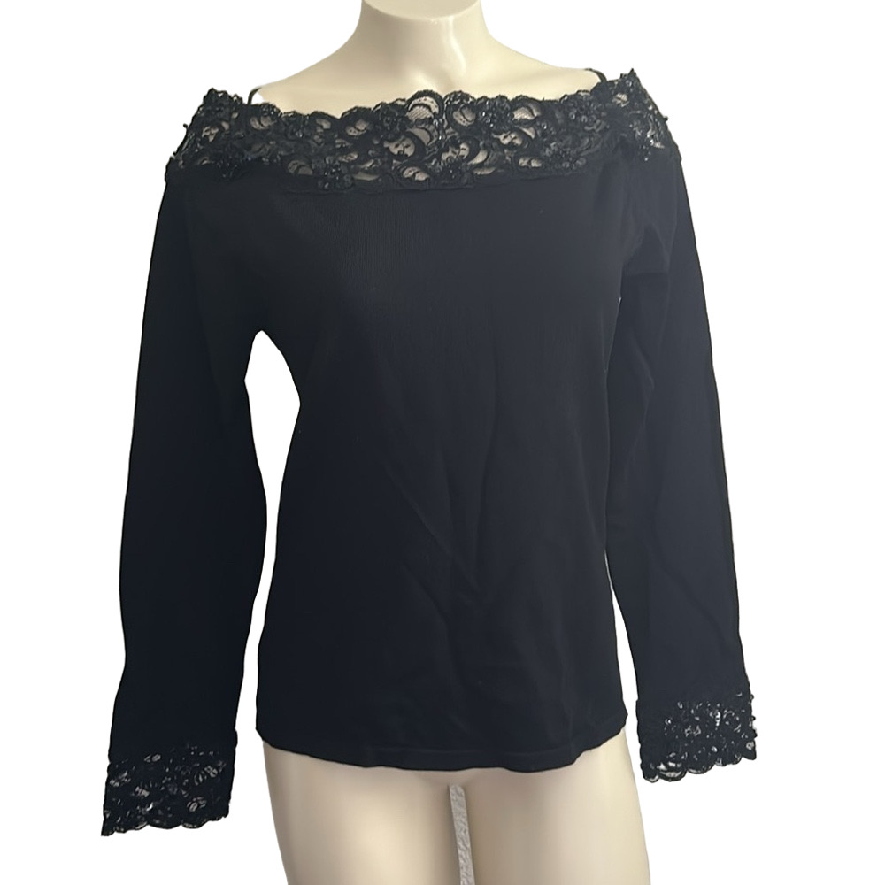 CHETTA B black sequins neckline/ sleeves top . Med . As is